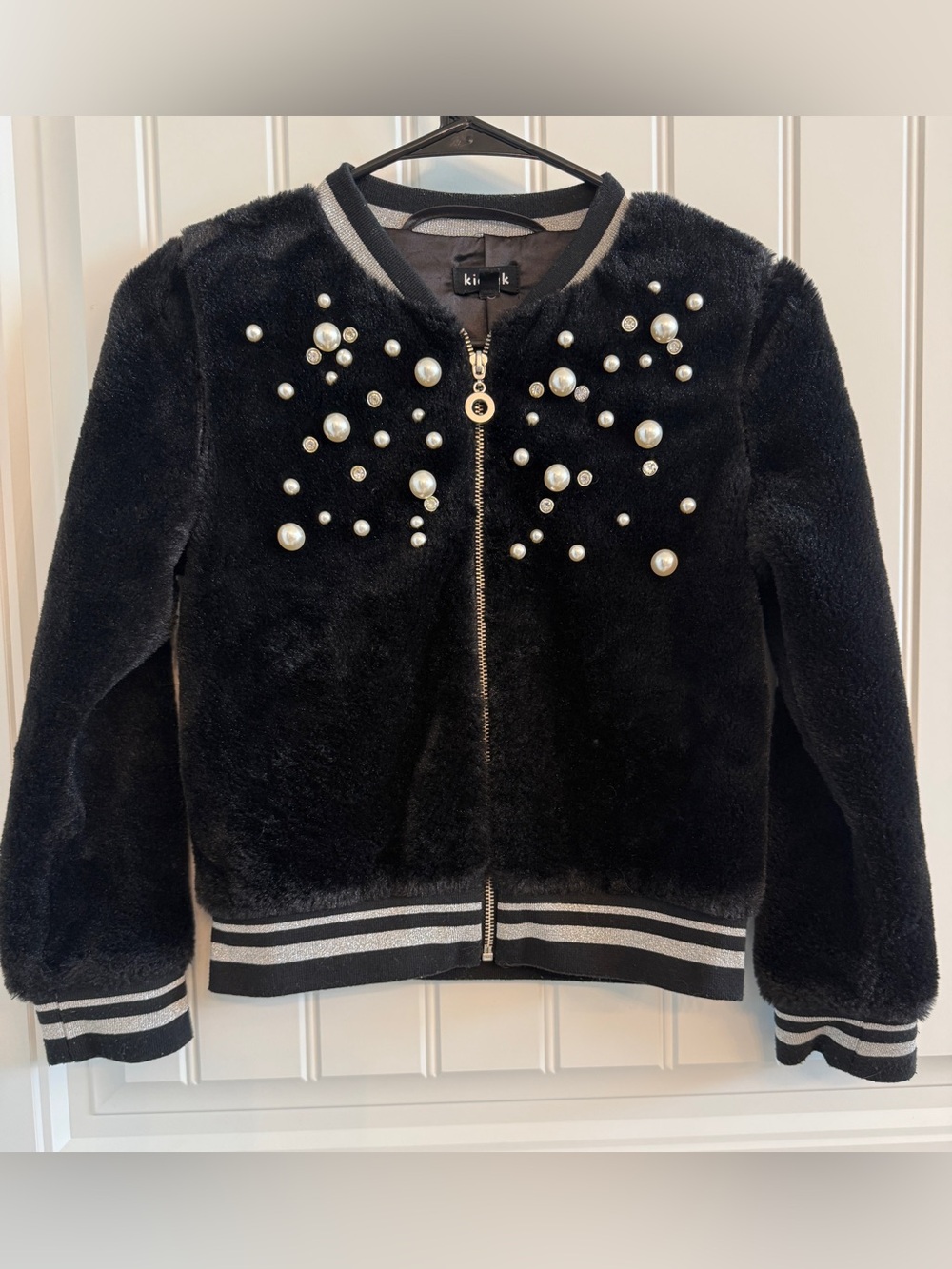 Black Faux Fur Pearl Embellished Bomber Jacket by Kidpik size youth medium / 8.